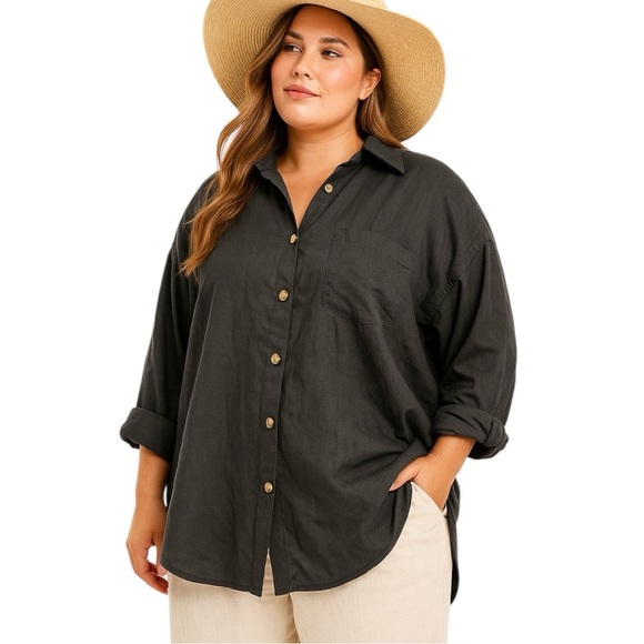 NWT IN’VOLAND Oversized 100% Cotton Black Button Down Blouse Size 24W - Picture 1 of 5